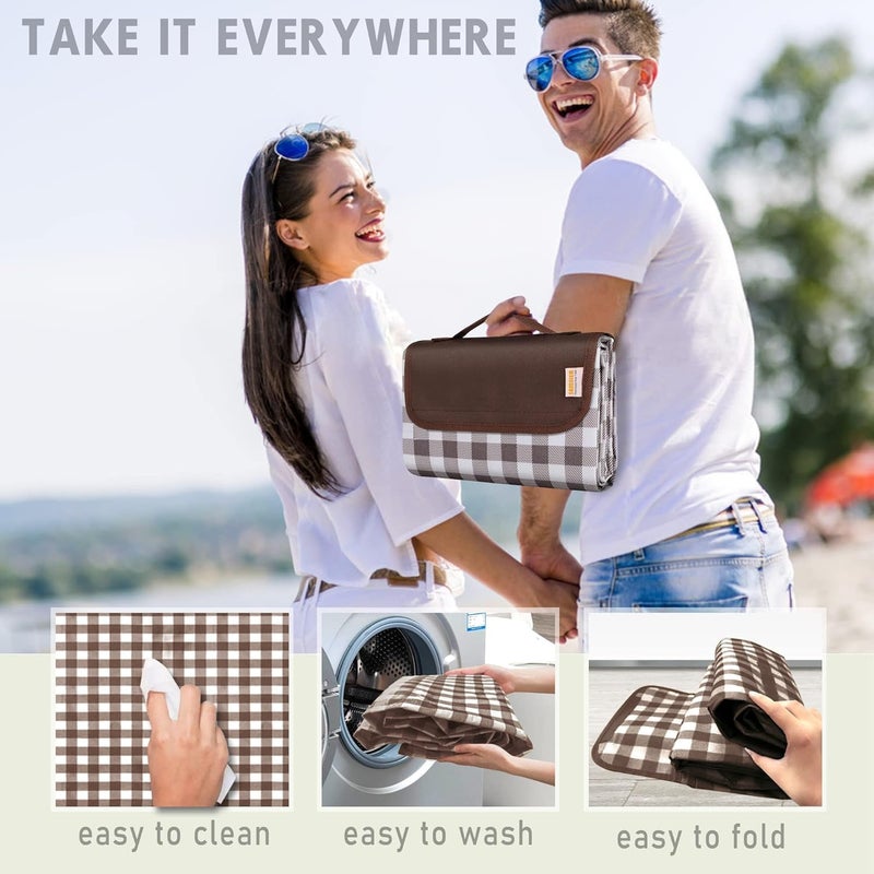 Picnic Blanket Outdoor, Large Beach Blanket Waterproof Sandproof, Foldable Washable Picnic Mat for Adults and Kids, Park Mat for Summer Beach,Camping, Travel (Picnic Mat Brown) - Image 3